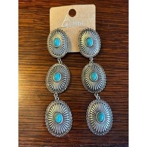 Tipi Silver Tone Faux Turquoise Beads Dangle Earrings 3.5” Shoulder Length Trend